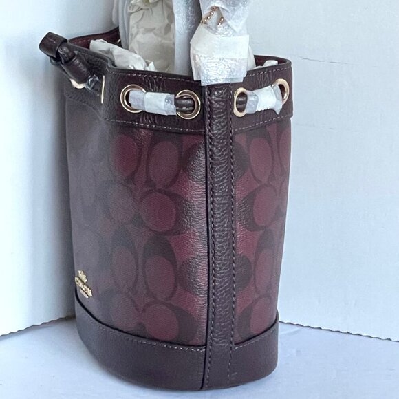 Coach Dempsey CO072 Drawstring Bucket Bag 15 Oxblood Red Leather Crossbody - Picture 7 of 10